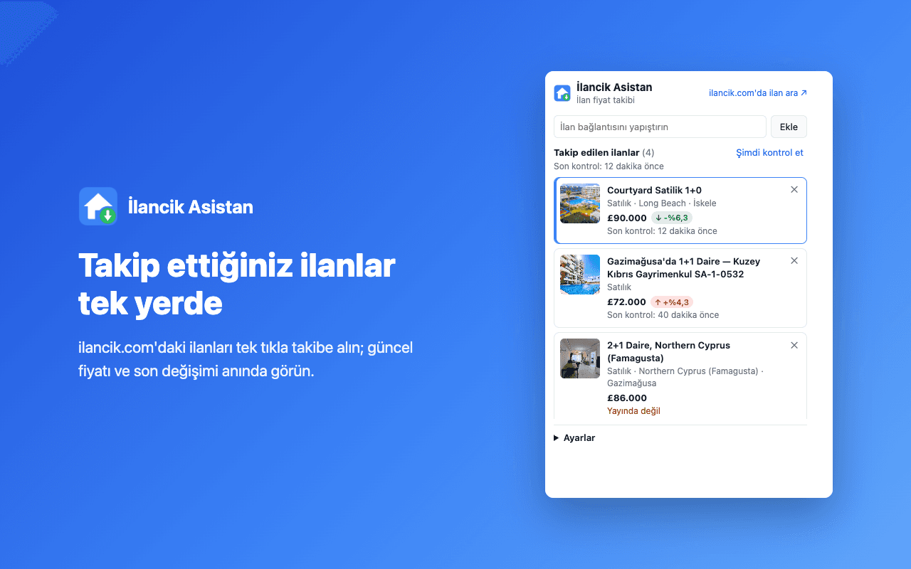 İlancik Asistan takip listesi: takip edilen ilanlar, güncel fiyatlar ve yüzde değişimler