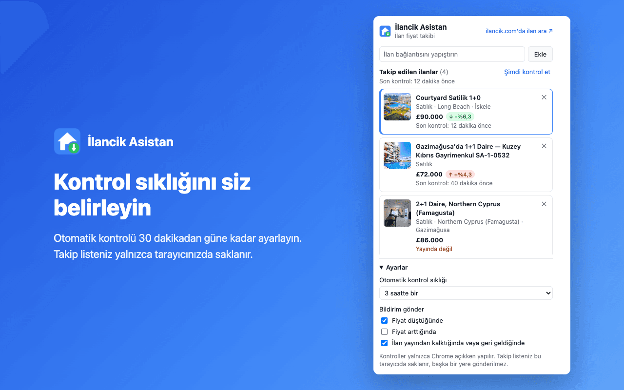 İlancik Asistan ayarları: otomatik kontrol sıklığı ve bildirim tercihleri